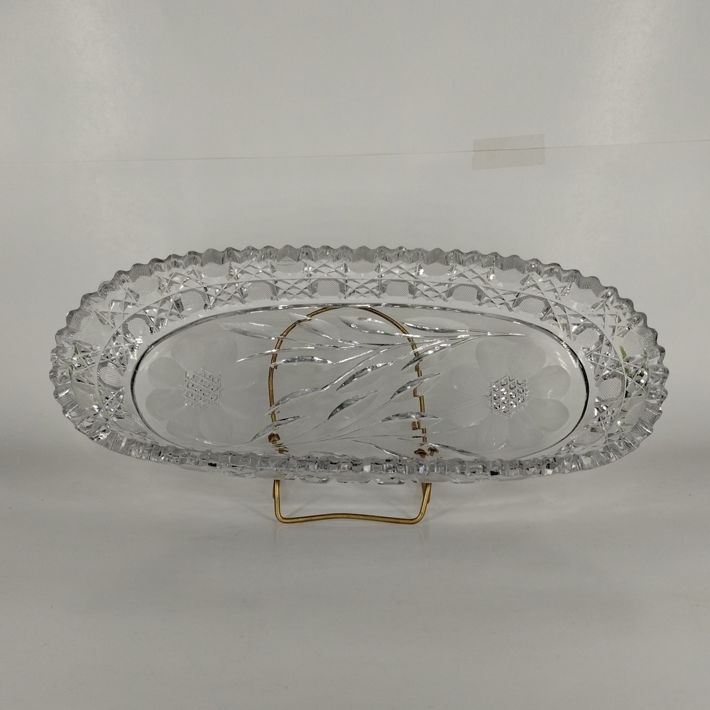 Oval Sawtooth Edge Crystal Relish Dish Etched Flowers Clear 11.75" x 4.5"